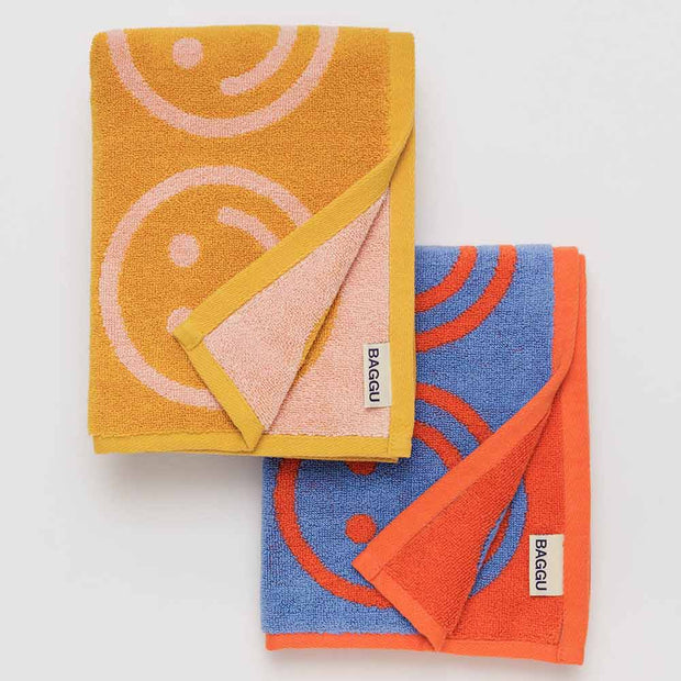 Set Of Two Smiley Face Happy Towels | Hand Towels Poppy Happy Mix | Baggu