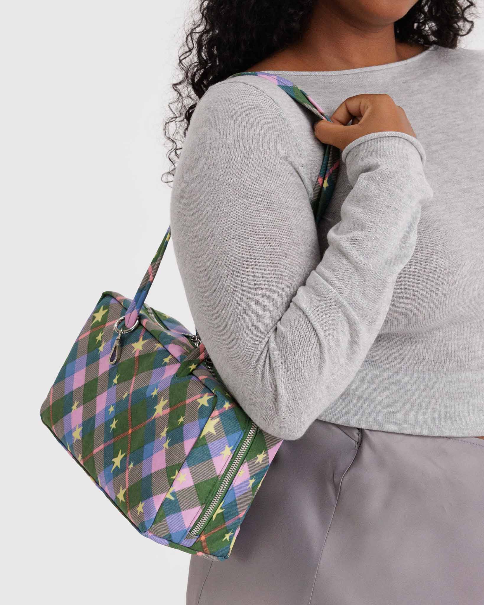 Green Star Plaid Nylon Bowler Bag