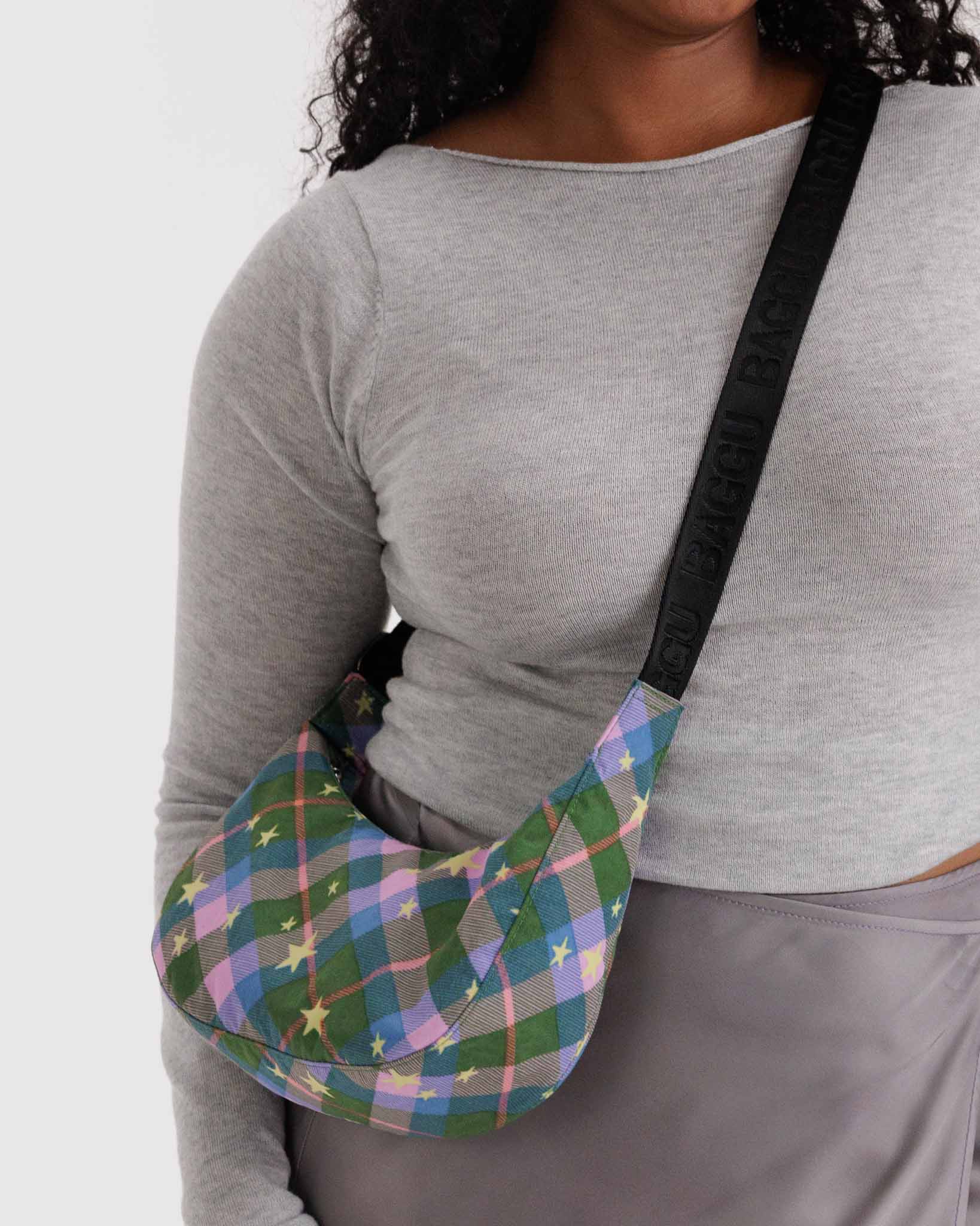 Green Star Plaid Small Nylon Crescent Bag BAGGU