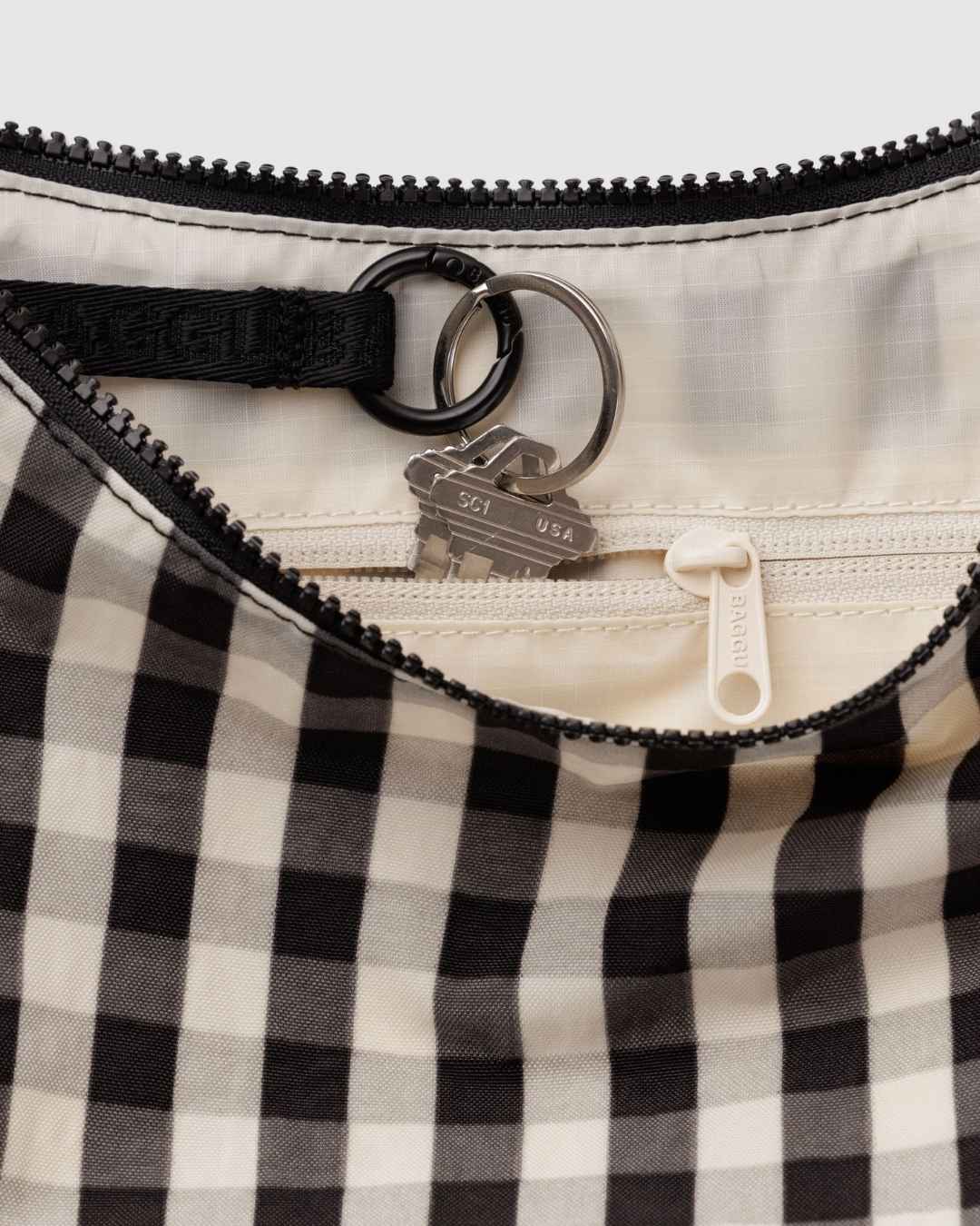 Black and Cream Gingham Medium Nylon Crescent Bag BAGGU