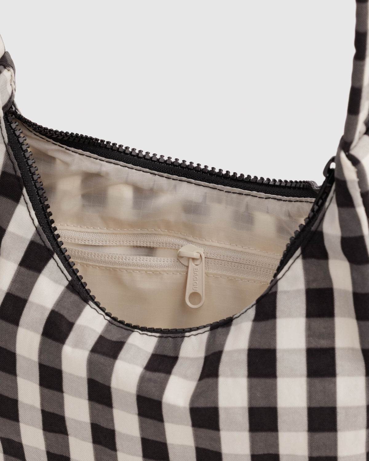 Black and Cream Gingham Mini Nylon Shoulder Bag | BAGGU | Mini Nylon Shoulder Bag