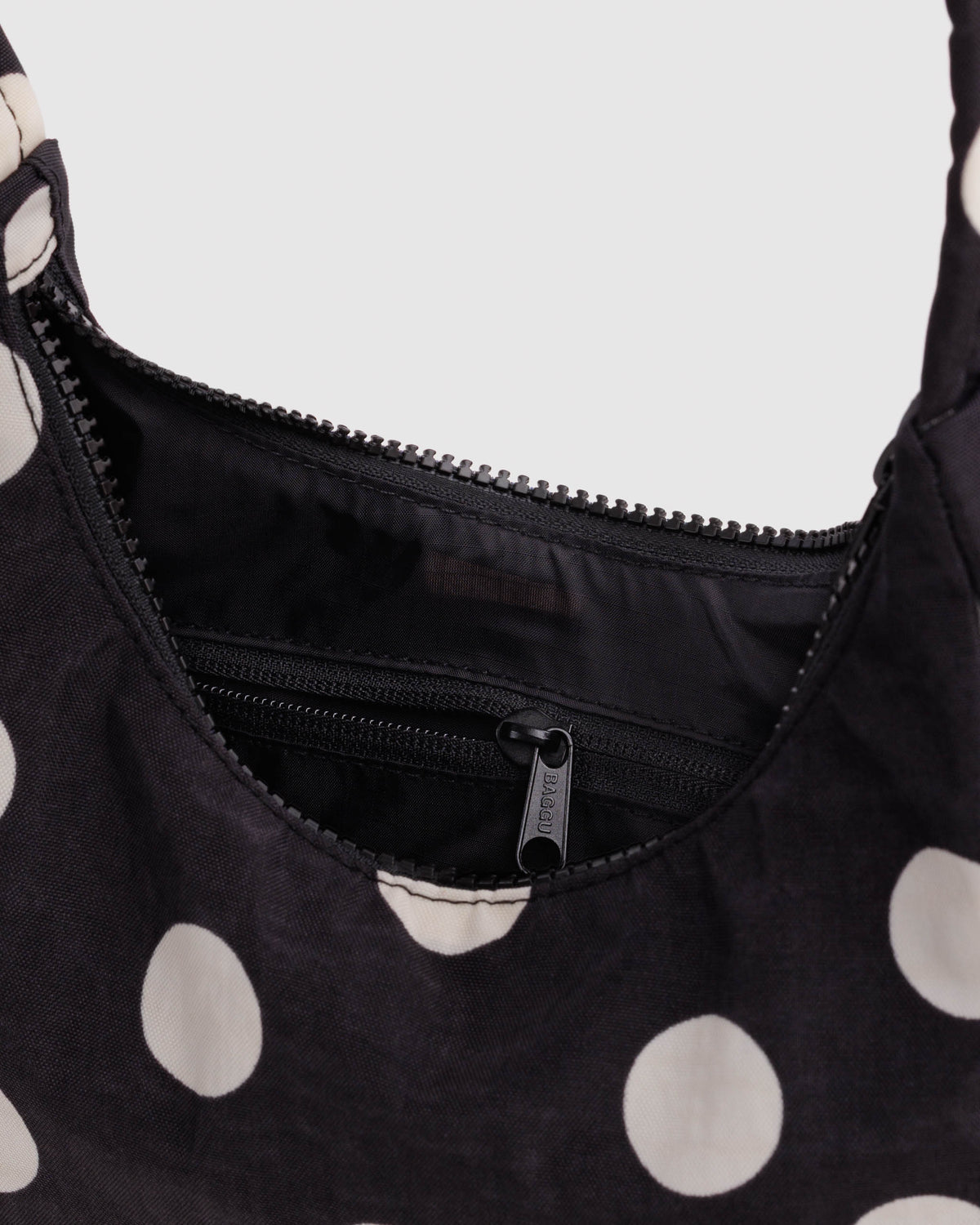 Black and Cream Polka Dot Mini Nylon Shoulder Bag | BAGGU | Mini Nylon Shoulder Bag