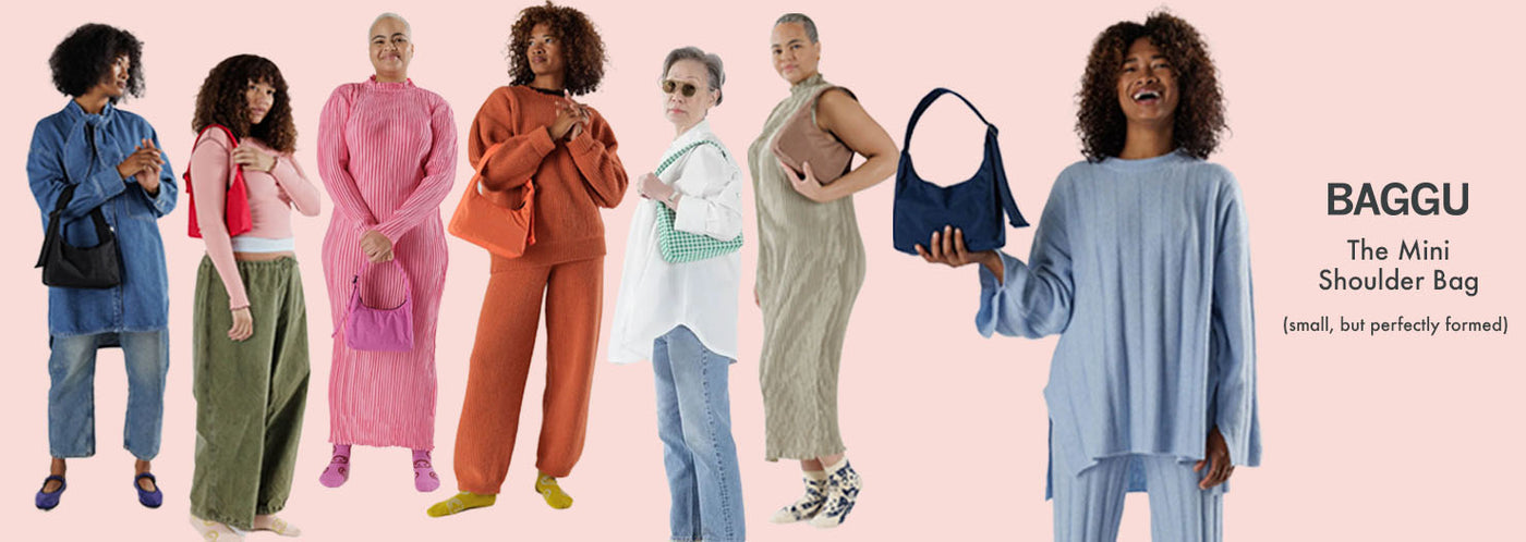 People holding the Baggu Mini Shoulder Bags in a variety of colours