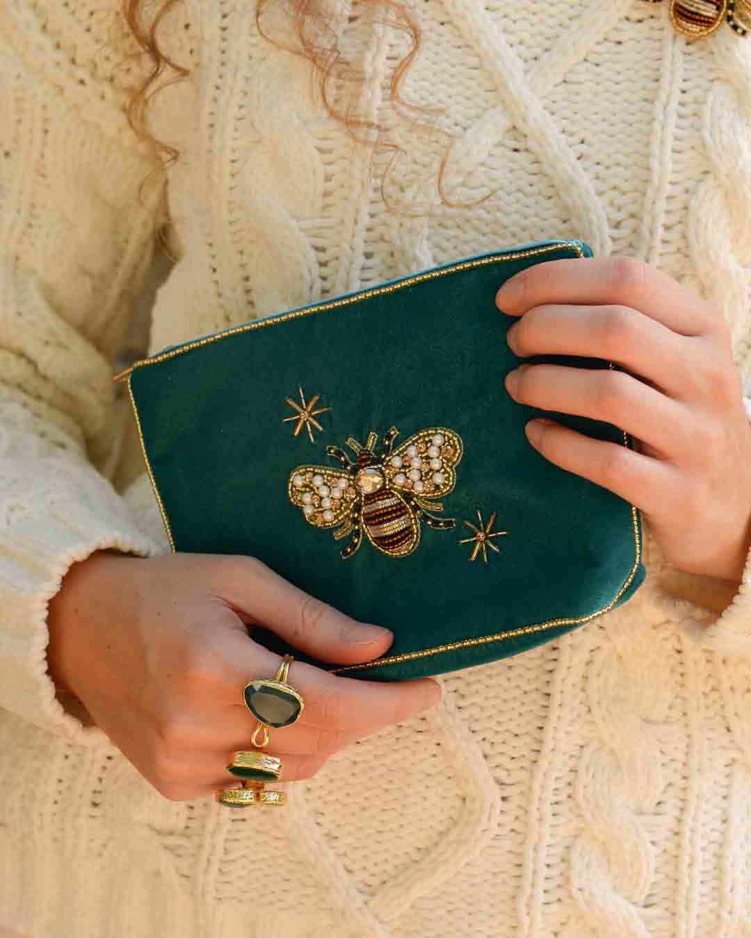 Teal Golden Bee Medium Velvet Pouch