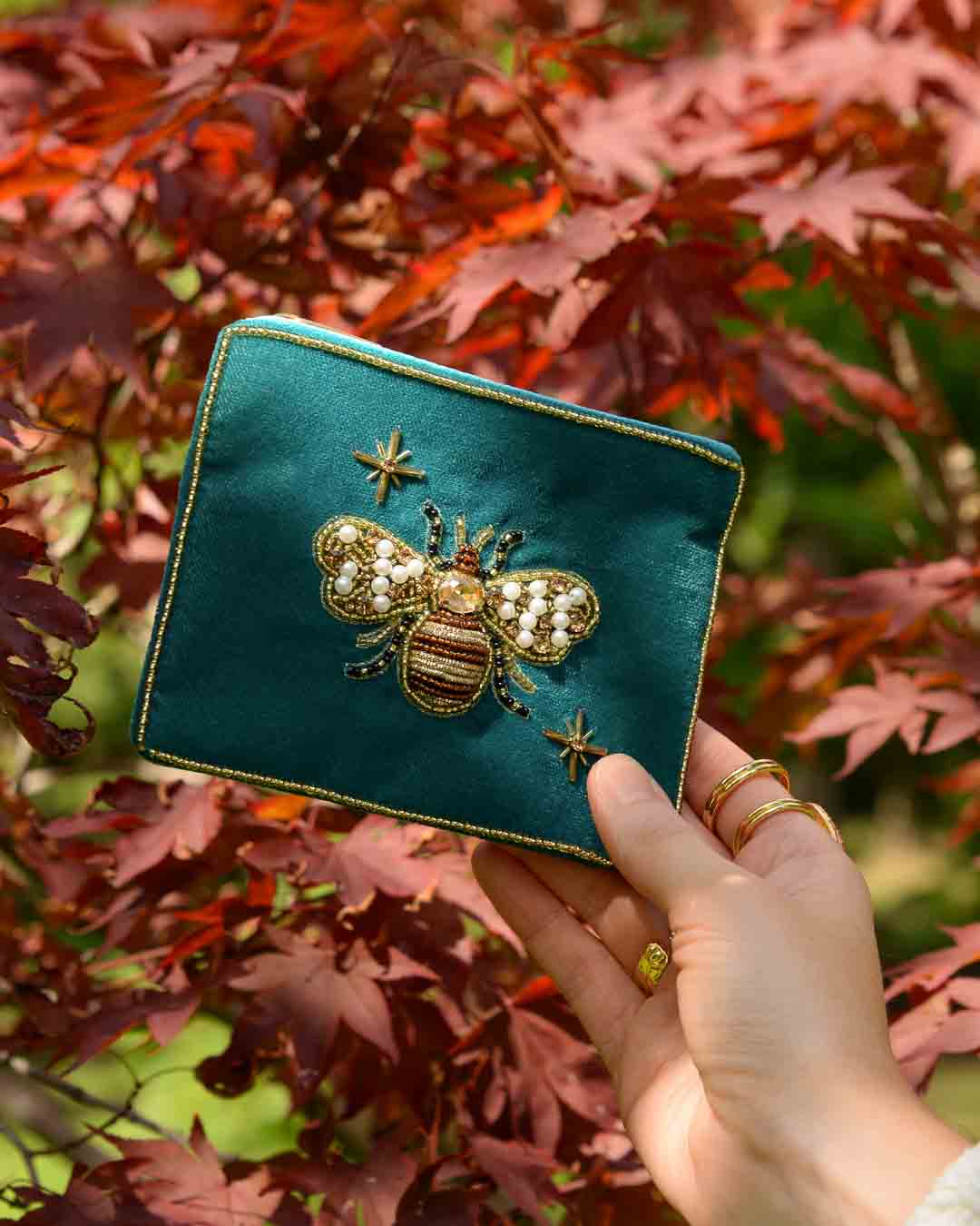 Teal Golden Bee Small Velvet Pouch