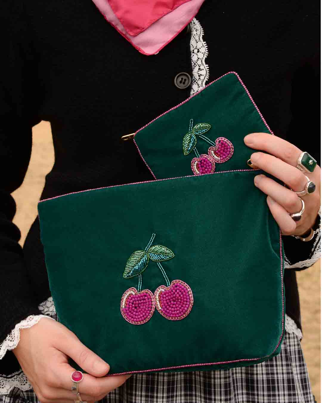 Cherry Green Velvet Small Pouch