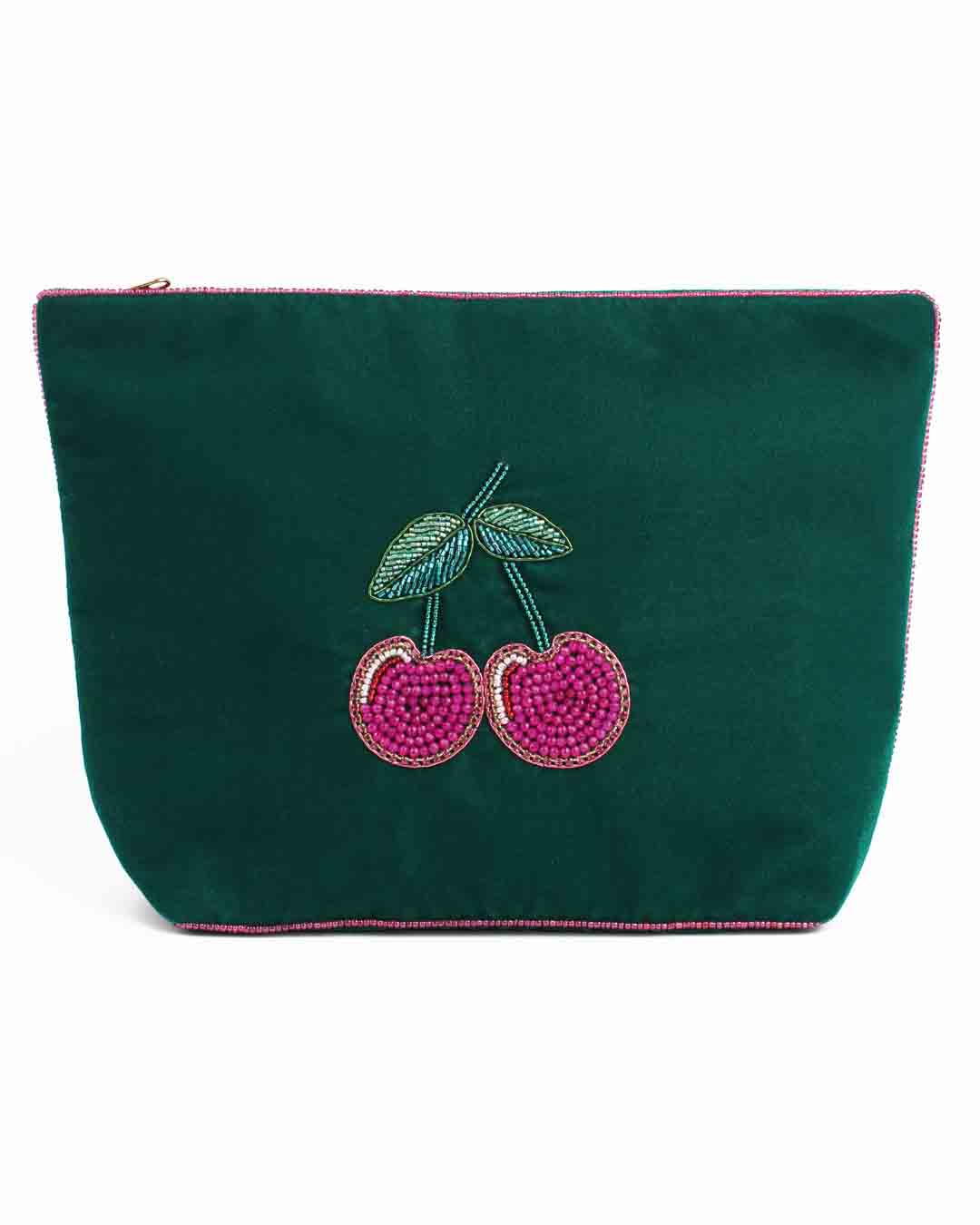 Cherry Green Velvet Large Pouch