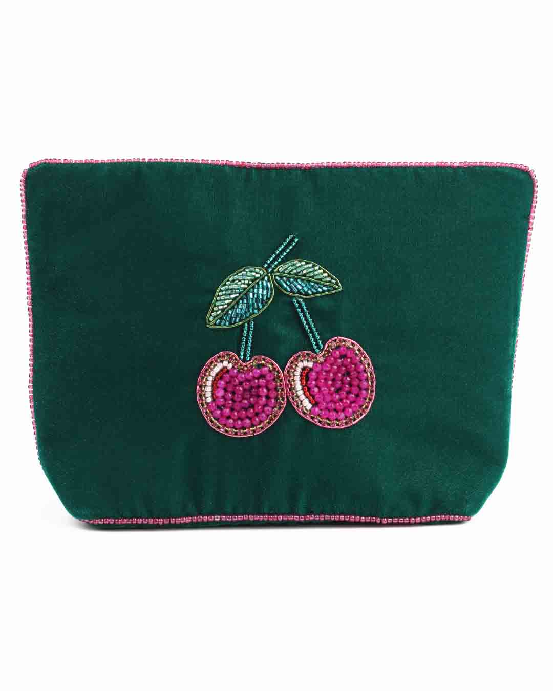 Cherry Green Velvet Medium Pouch