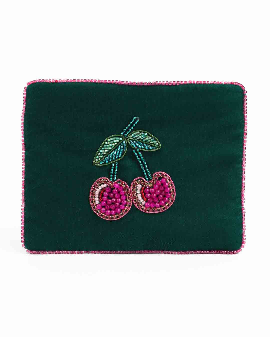 Cherry Green Velvet Small Pouch