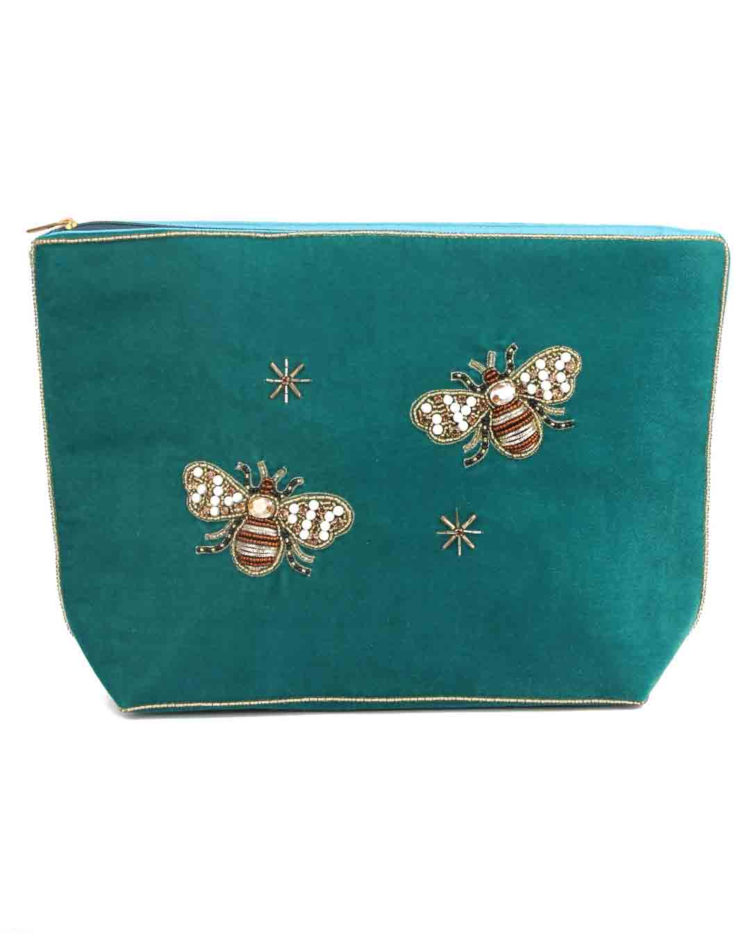 Teal Golden Bee Large Velvet Pouch