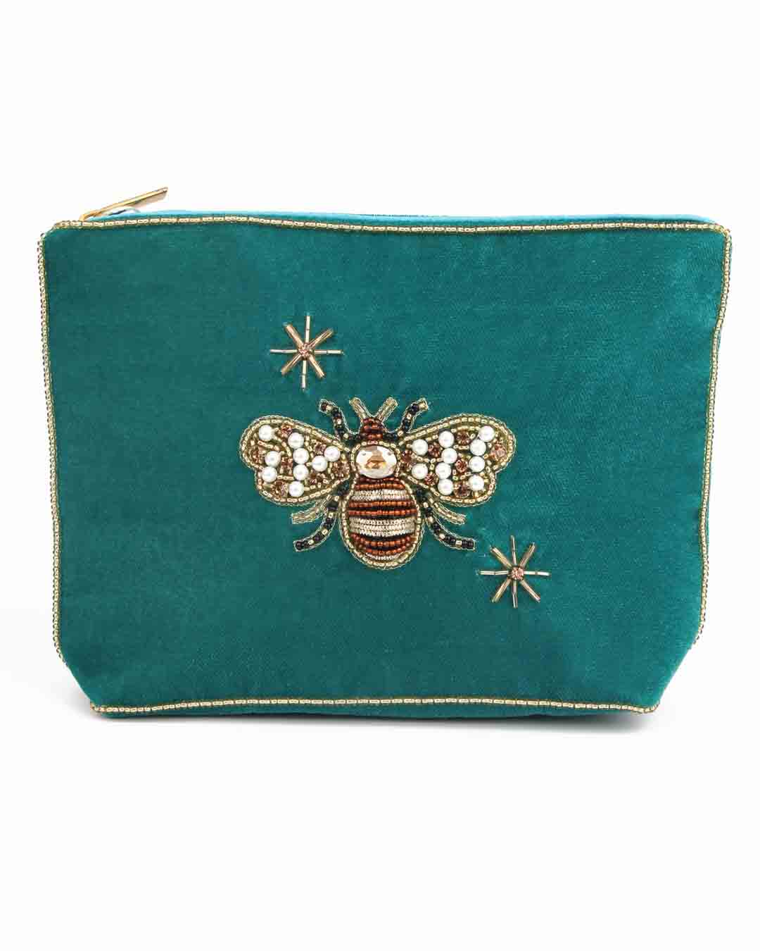 Teal Golden Bee Medium Velvet Pouch