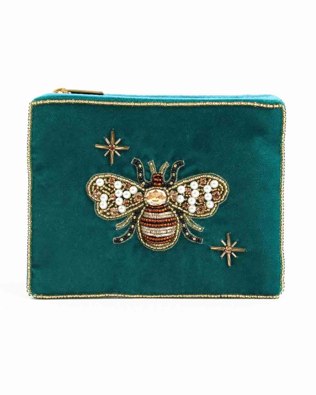 Teal Golden Bee Small Velvet Pouch