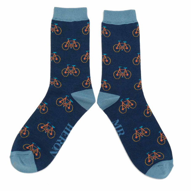 Mr Heron Men's navy blue socks with a repeated cycling pattern