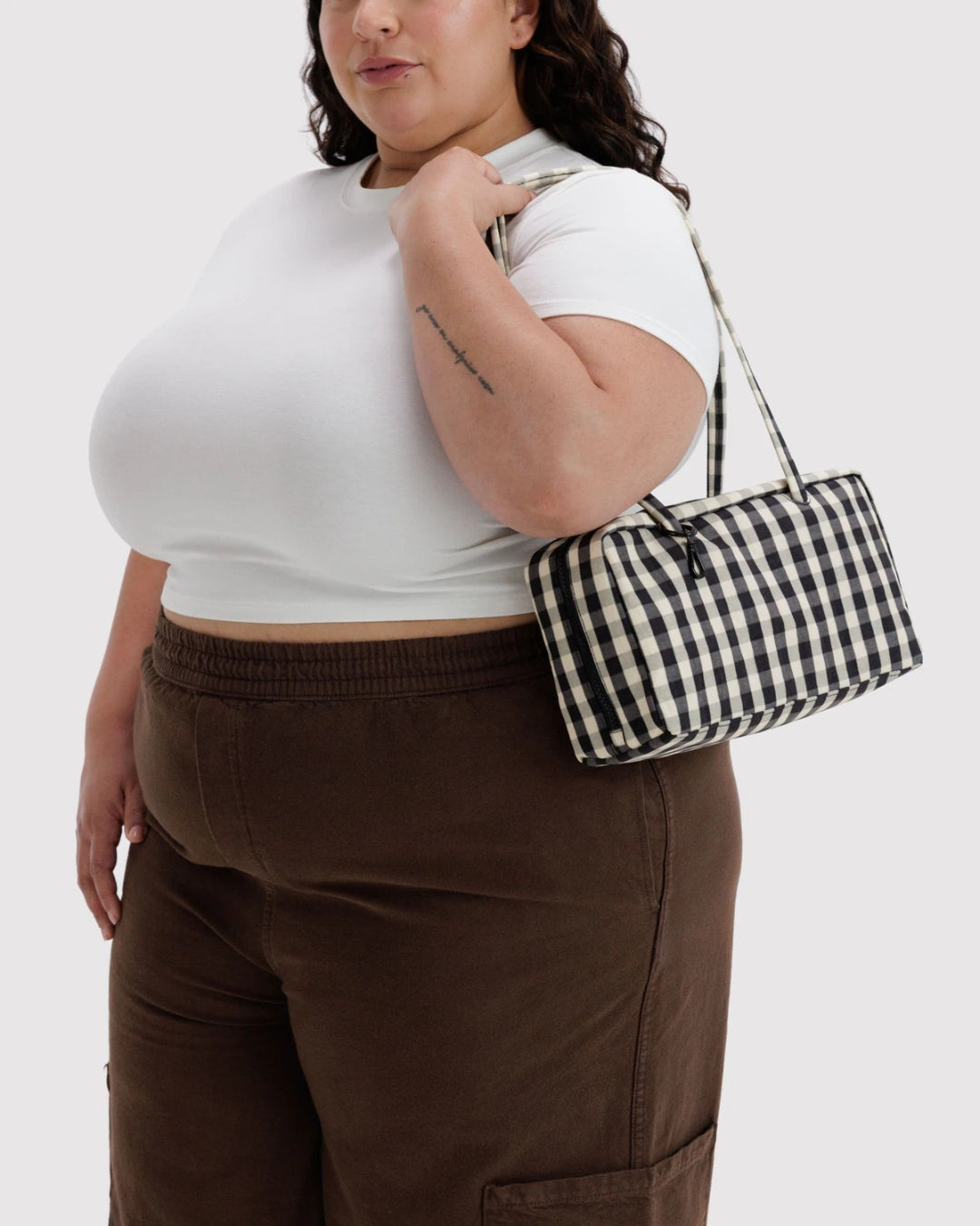 Black and Cream Gingham Nylon Bowler Bag | BAGGU | Nylon Bowler Bag