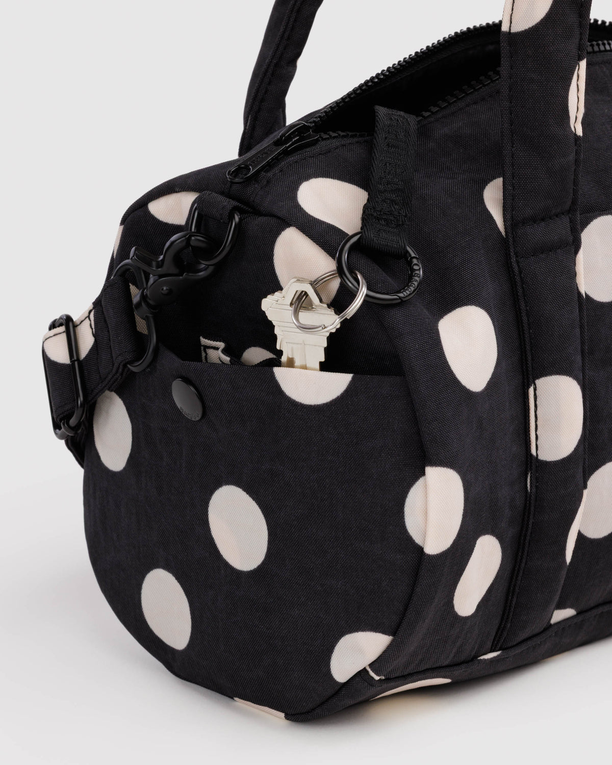 Black and Cream Polka Dot Nylon Duffle Bag | BAGGU | Nylon Duffle Bag