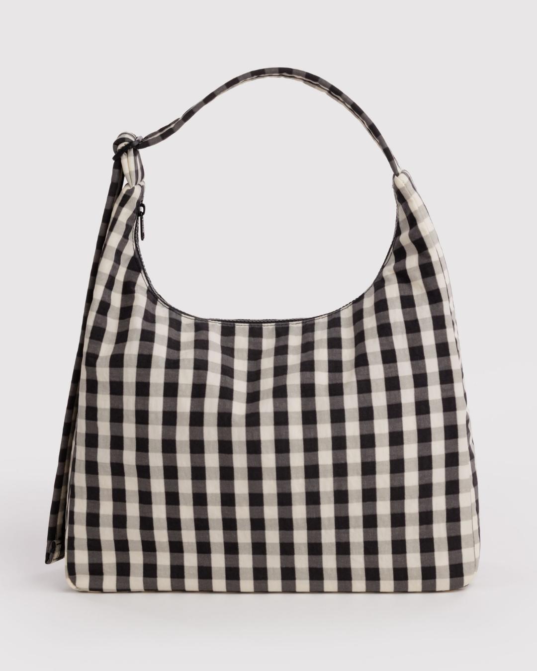 Black and Cream Gingham Nylon Shoulder Bag BAGGU
