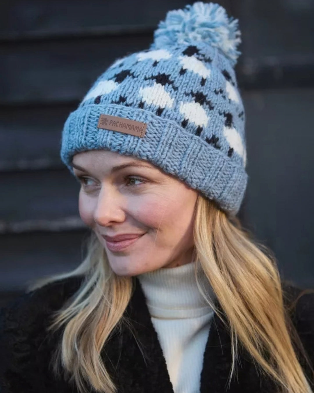 Blue Merino Sheep Roll Back Bobble Beanie Pachamama