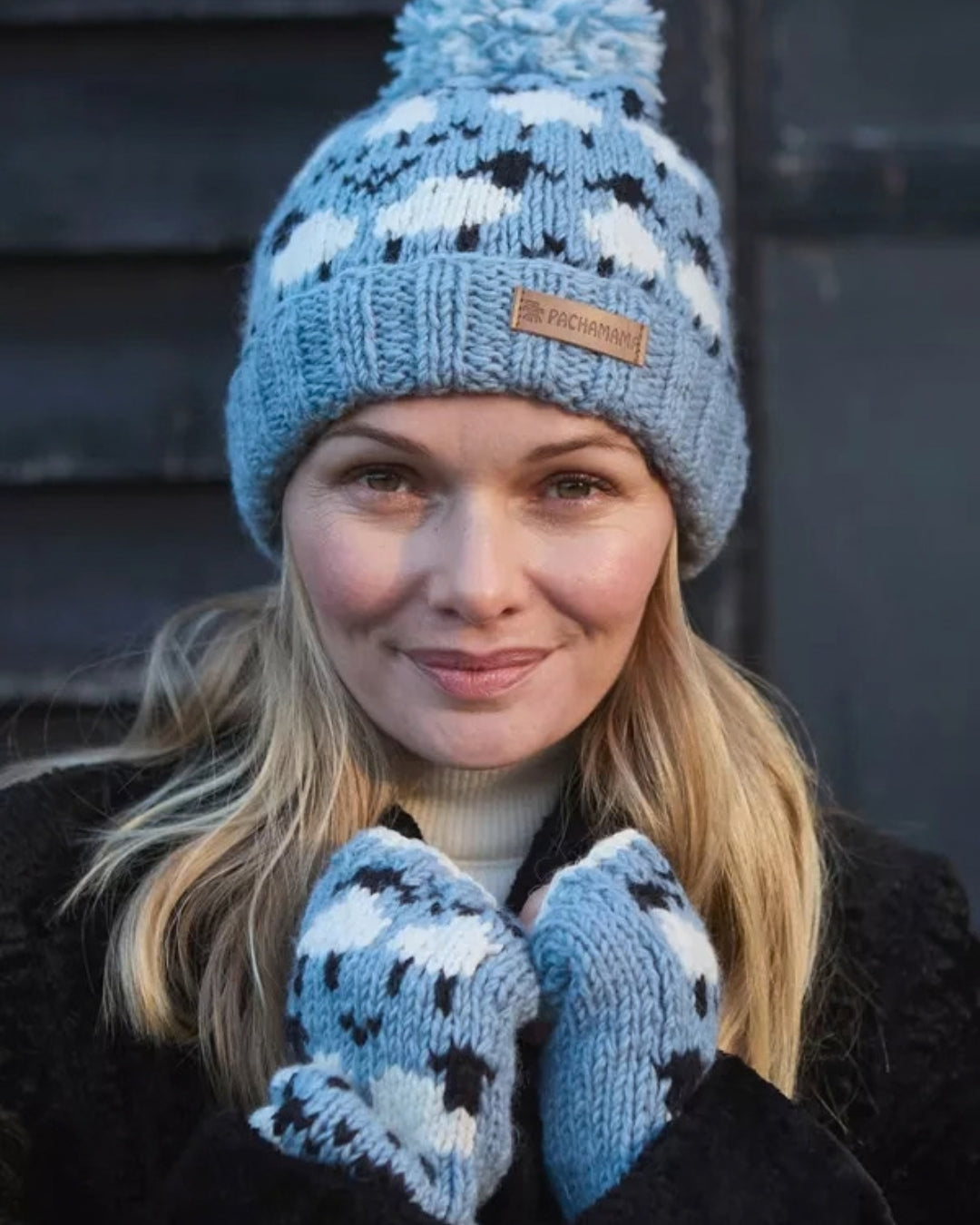 Blue Merino Sheep Roll Back Bobble Beanie Pachamama