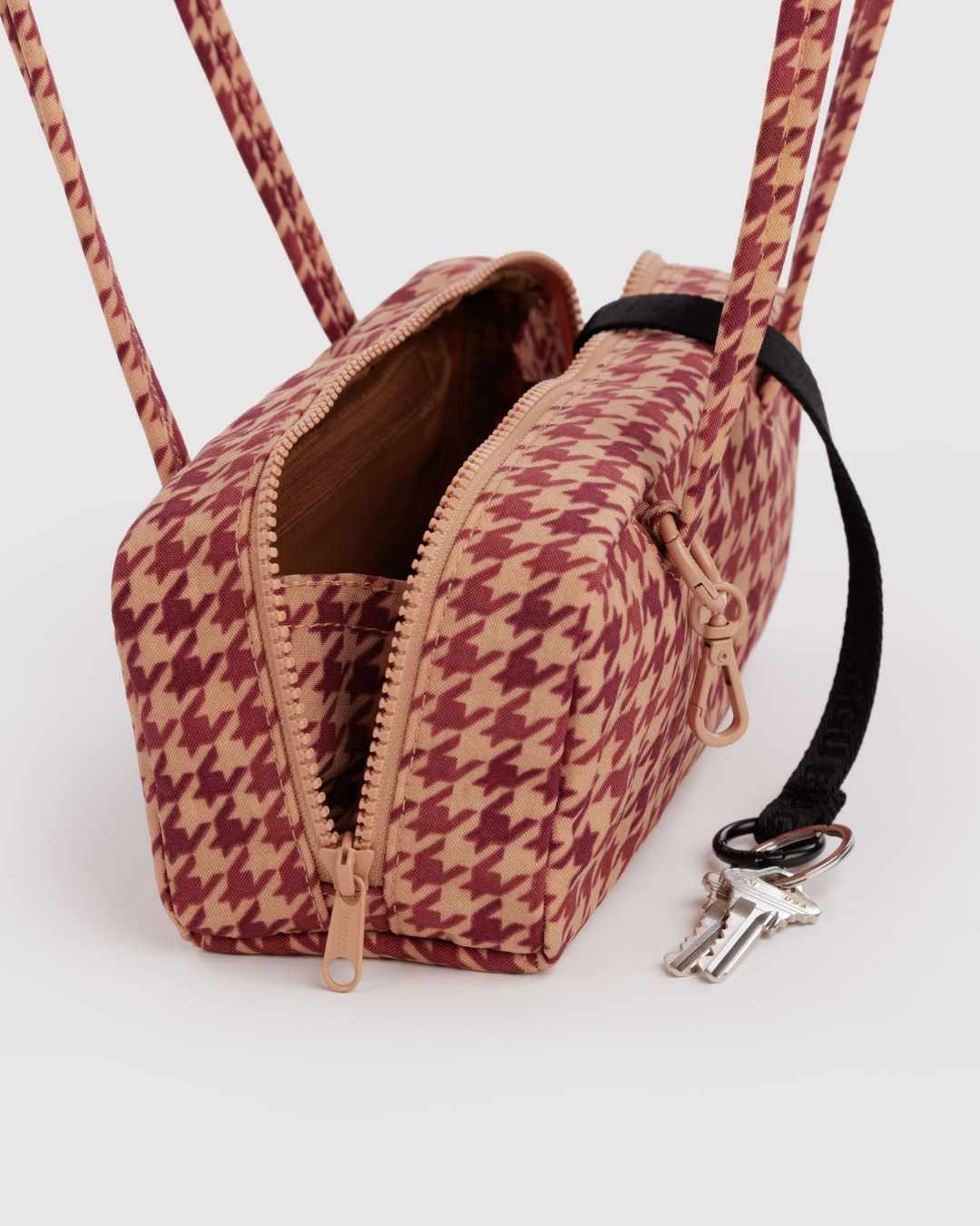Tan Houndstooth Small Nylon Bowler Bag