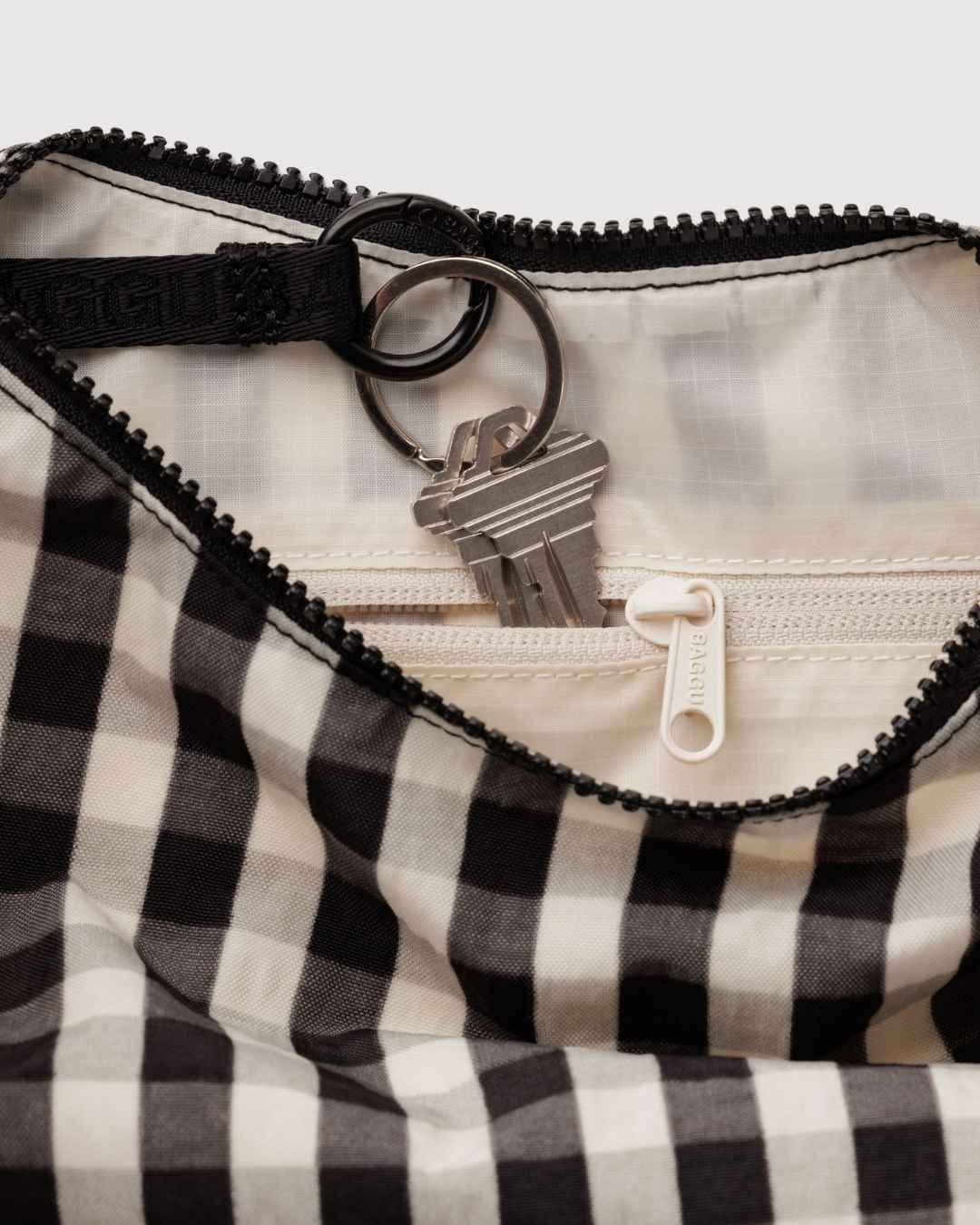 Black and Cream Gingham Small Nylon Crescent Bag