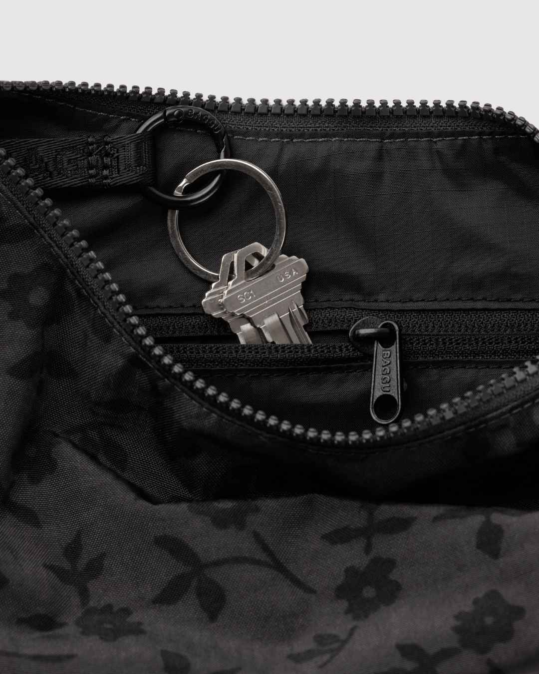 Charcoal Ditsy Floral Small Nylon Crescent Bag