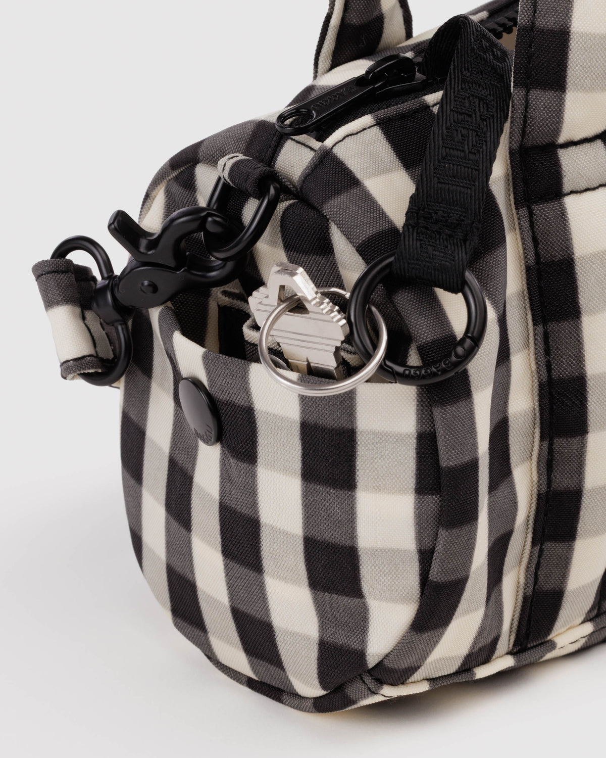 Black and Cream Gingham Small Nylon Duffle Bag | BAGGU | Small Nylon Duffle Bag