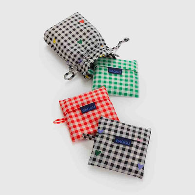 A set of 3 Standard Baggu recycled bags in Gingham designs, including the Gingham Hearts, Red Gingham and Green Gingham designs