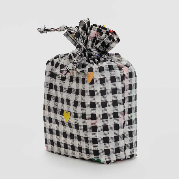 A set of 3 Standard Baggu recycled bags in Gingham designs, including the Gingham Hearts, Red Gingham and Green Gingham designs in a drawstring pouch