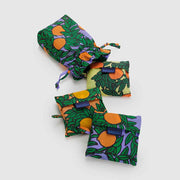 A set of 3 Standard Baggu recycled bags in the Orange Trees designs, including the Periwinkle, Yellow and Coral designs