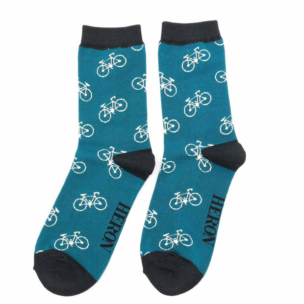Mr Heron Men's teal socks with a repeated white bike pattern