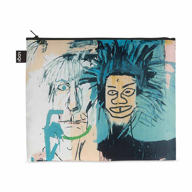 A recycled Zip Pocket from LOQI featuring classic Jean-Michael Basquiat designs, featuring the Dos Cabezas Portrait Design