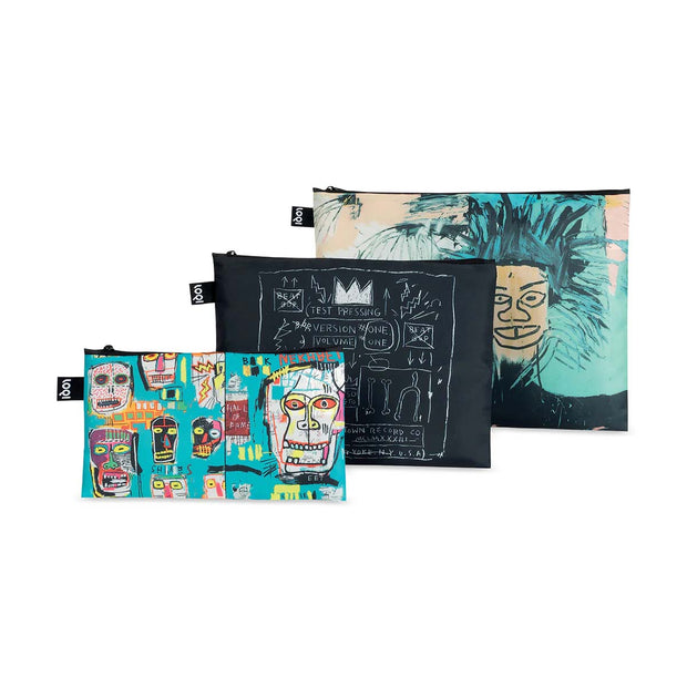 Three recycled Zip Pockets from LOQI featuring classic Jean-Michael Basquiat designs, featuring Skull, Crown, and Portrait