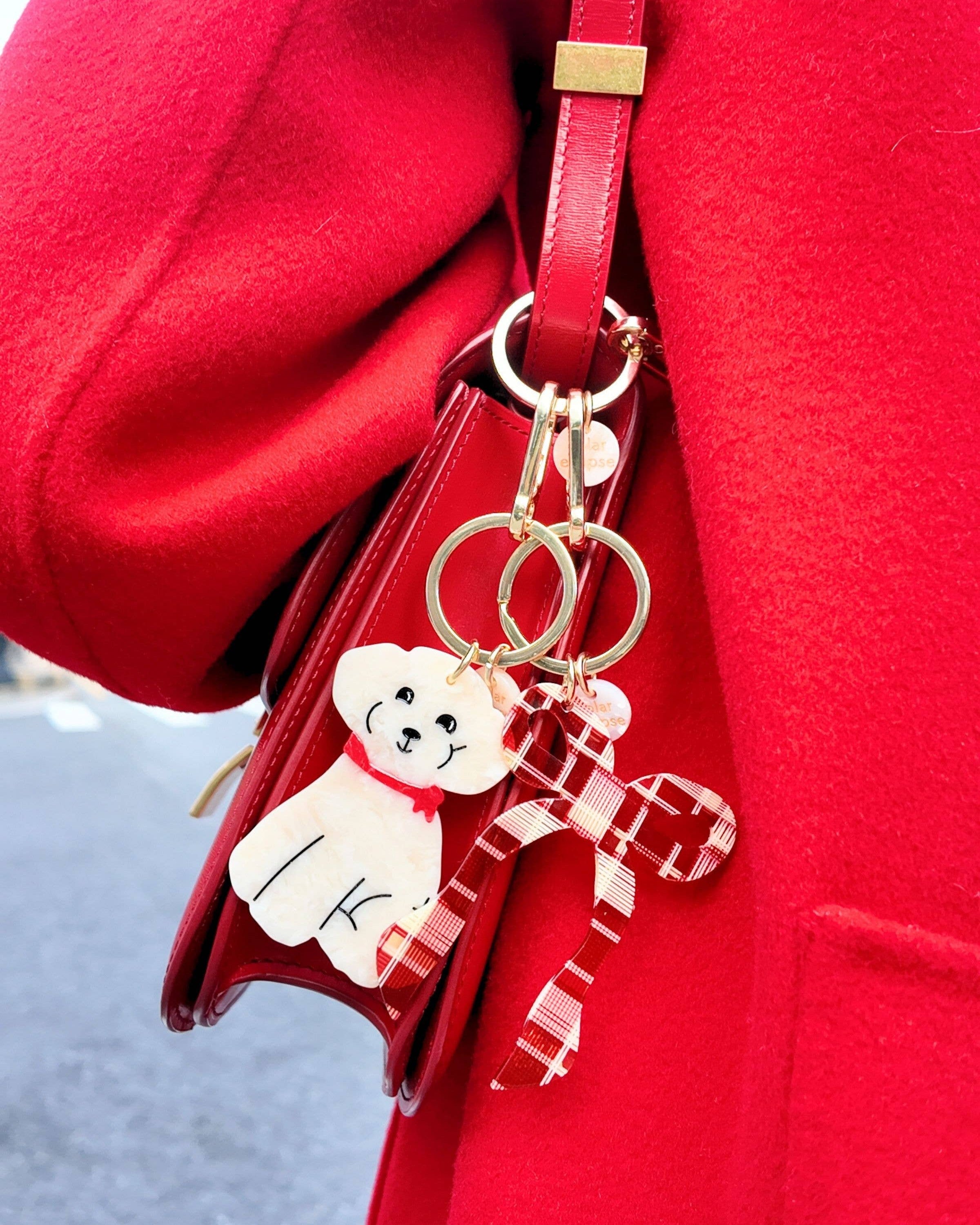 White Hand-painted Doodle Puppy Bag Charm + Keychain | Solar Eclipse | Bag Charm